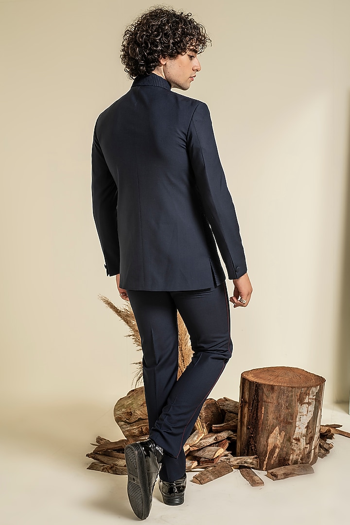 Navy Blue Terry Rayon Embroidered Wedding Bandhgala Set by Abkasa at Pernia's Pop Up Shop
