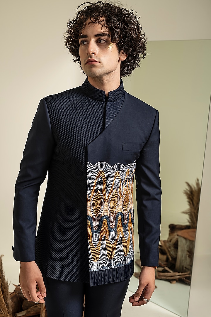 Navy Blue Terry Rayon Embroidered Wedding Bandhgala Set by Abkasa at Pernia's Pop Up Shop