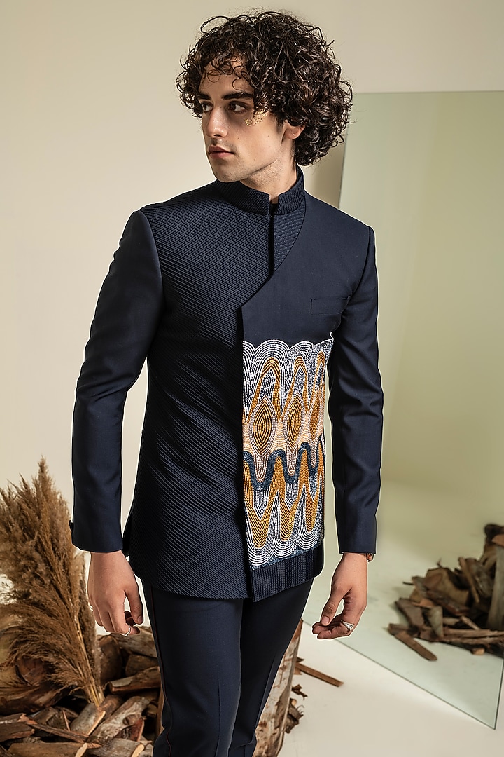 Navy Blue Terry Rayon Embroidered Wedding Bandhgala Set by Abkasa at Pernia's Pop Up Shop