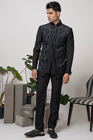 Black Terry Rayon Bandhgala Set by Abkasa