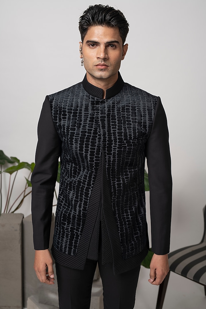 Black Terry Rayon Wedding Bandhgala Set by Abkasa at Pernia's Pop Up Shop