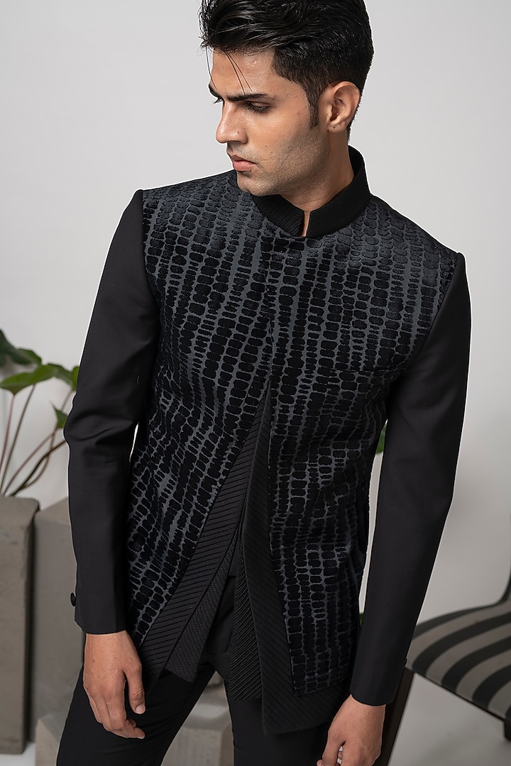 Black Terry Rayon Wedding Bandhgala Set by Abkasa at Pernia's Pop Up Shop