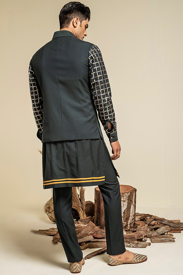 Forest Green Terry Rayon Hand Embroidered Bundi Jacket Set by Abkasa at Pernia's Pop Up Shop