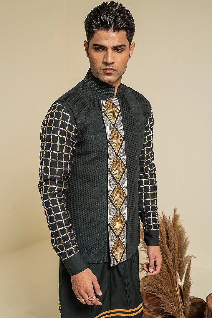 Forest Green Terry Rayon Hand Embroidered Bundi Jacket Set by Abkasa at Pernia's Pop Up Shop