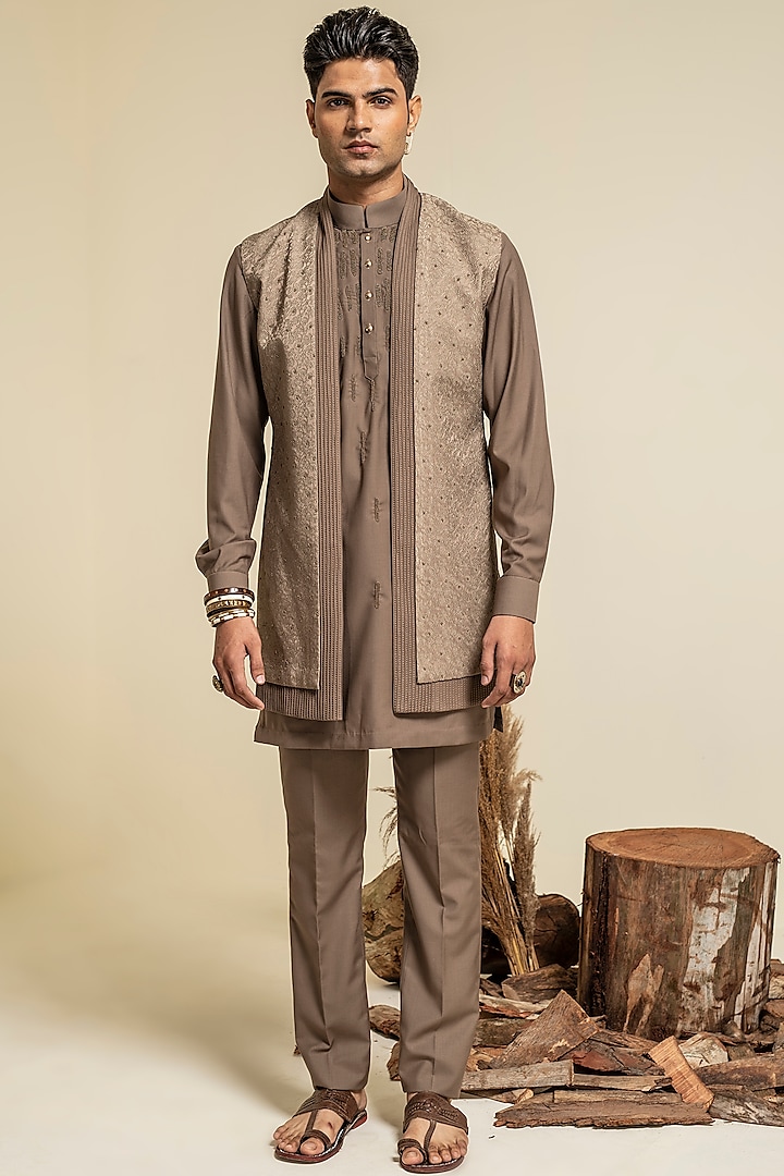 Toffee Brown Embroidered Kurta Set With Jacket by Abkasa