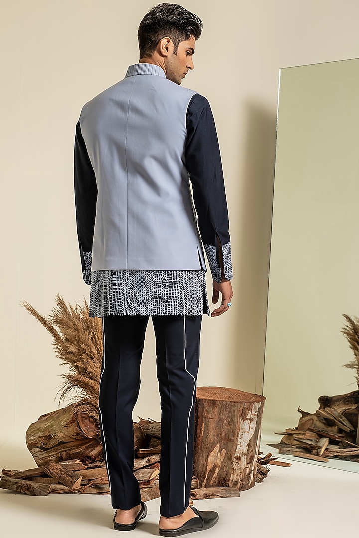 Navy Blue Terry Rayon Embroidered Bundi Jacket Set by Abkasa at Pernia's Pop Up Shop