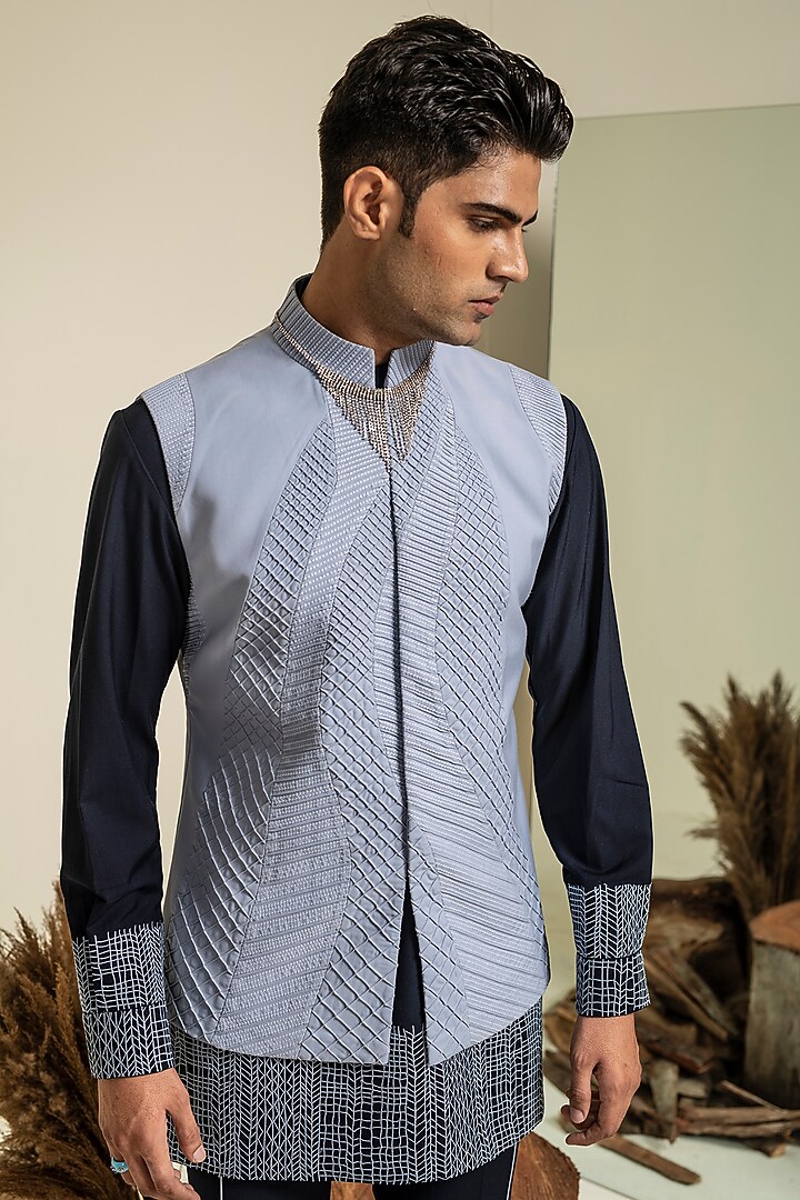 Navy Blue Terry Rayon Embroidered Bundi Jacket Set by Abkasa at Pernia's Pop Up Shop
