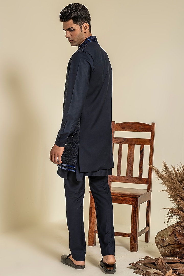 Navy Blue Embroidered Kurta Set With Jacket by Abkasa at Pernia's Pop Up Shop