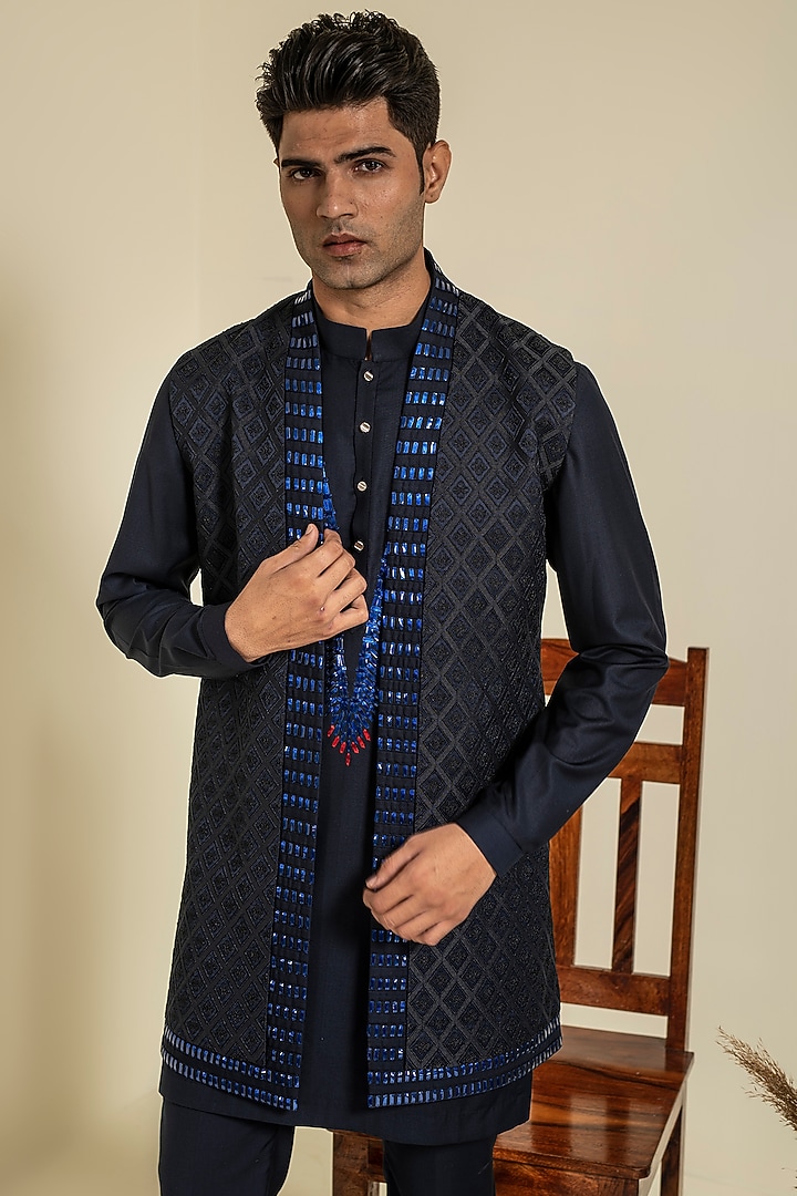 Navy Blue Embroidered Kurta Set With Jacket by Abkasa at Pernia's Pop Up Shop