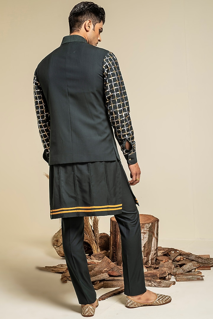 Olive Green Embroidered Bundi Jacket by Abkasa at Pernia's Pop Up Shop