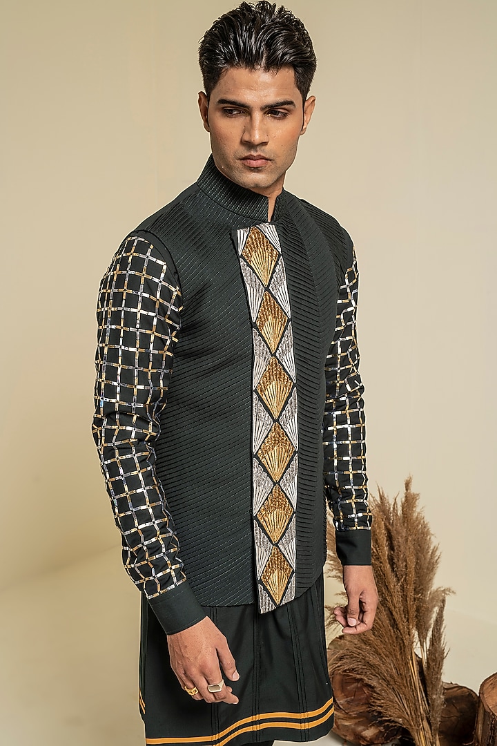 Olive Green Embroidered Bundi Jacket by Abkasa at Pernia's Pop Up Shop