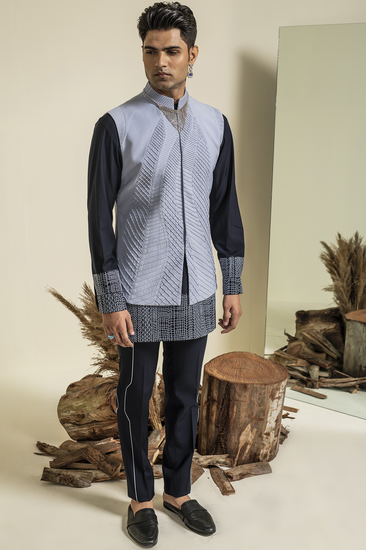Light Blue Terry Rayon Hand Pleated Pintuck Bundi Jacket by Abkasa