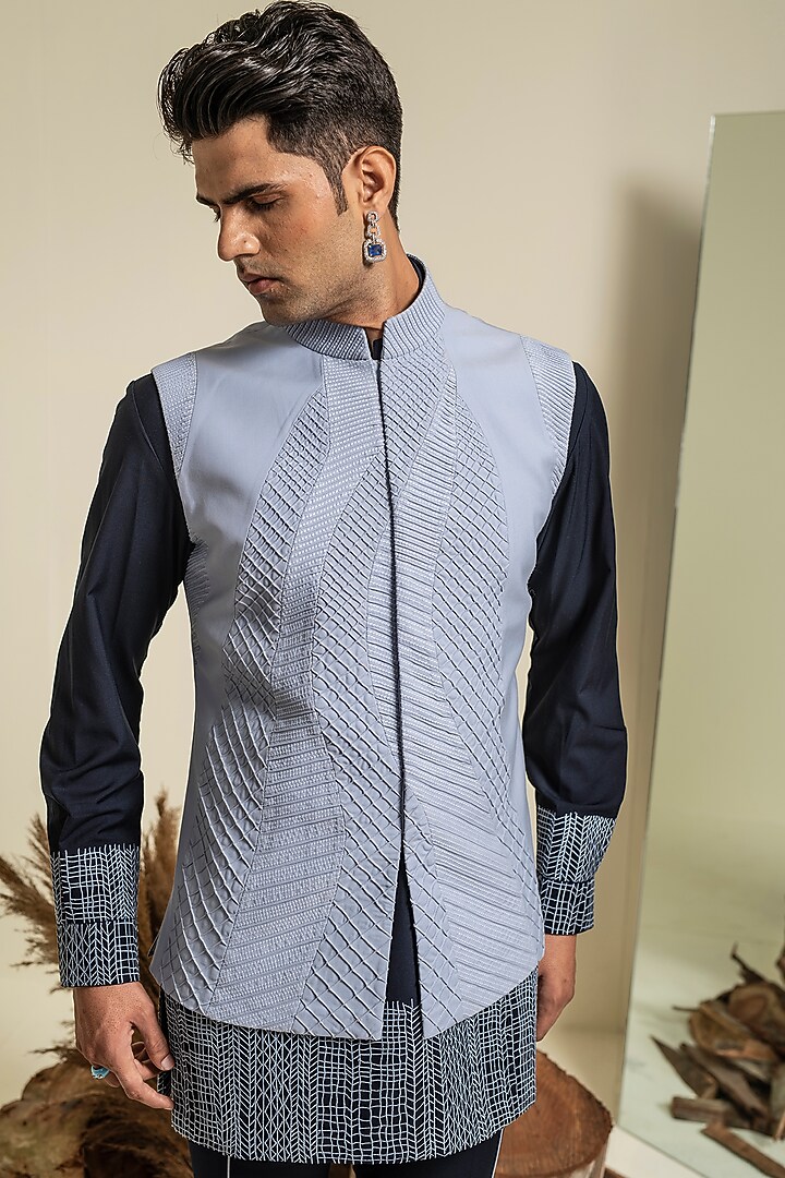 Light Blue Terry Rayon Hand Pleated Pintuck Bundi Jacket by Abkasa at Pernia's Pop Up Shop