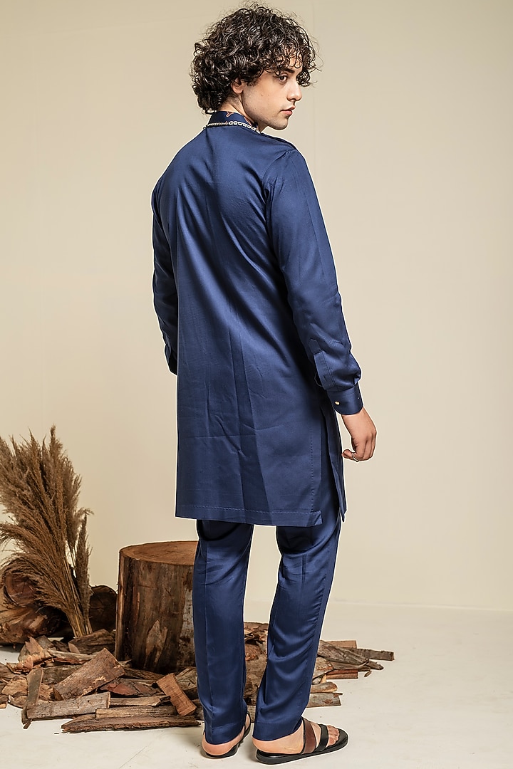 Navy Blue Cotton Modal Satin Embroidered Kurta Set by Abkasa at Pernia's Pop Up Shop