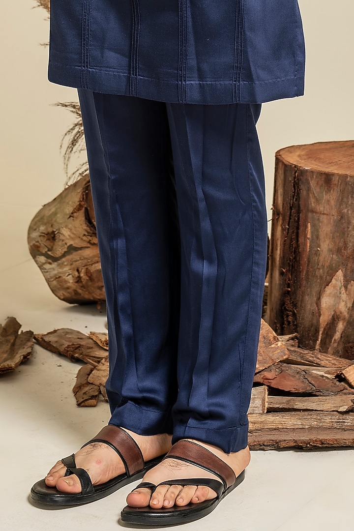 Navy Blue Cotton Modal Satin Embroidered Kurta Set by Abkasa at Pernia's Pop Up Shop