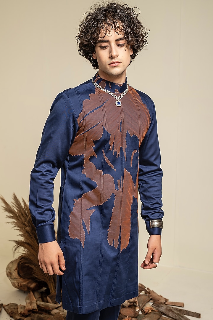 Navy Blue Cotton Modal Satin Embroidered Kurta Set by Abkasa at Pernia's Pop Up Shop