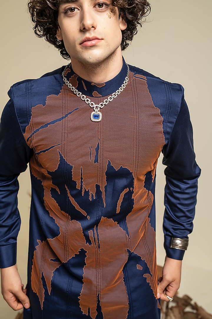 Navy Blue Cotton Modal Satin Embroidered Kurta Set by Abkasa at Pernia's Pop Up Shop