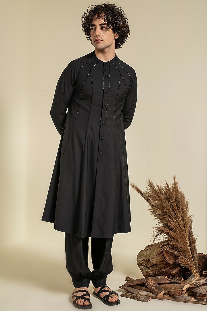 Black Hand Embroidered Kurta Set by Abkasa