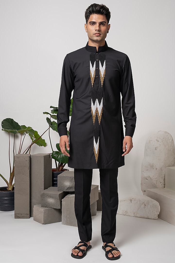 Black Rayon Embroidered Kurta Set by Abkasa