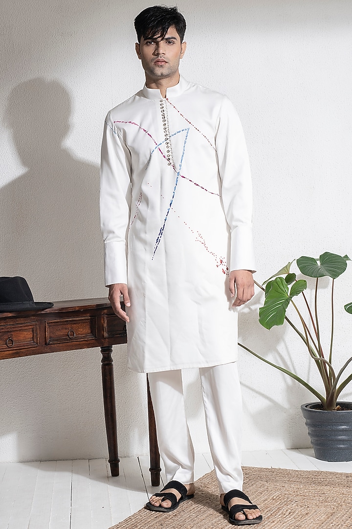Ivory Cotton Modal Satin Embroidered Kurta Set by Abkasa at Pernia's Pop Up Shop