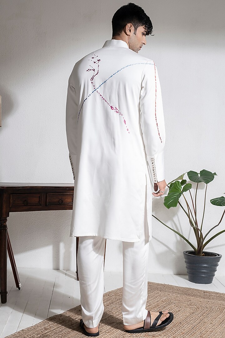 Ivory Cotton Modal Satin Embroidered Kurta Set by Abkasa at Pernia's Pop Up Shop