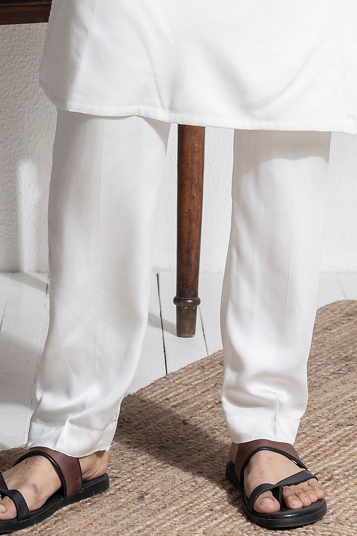 Ivory Cotton Modal Satin Embroidered Kurta Set by Abkasa at Pernia's Pop Up Shop