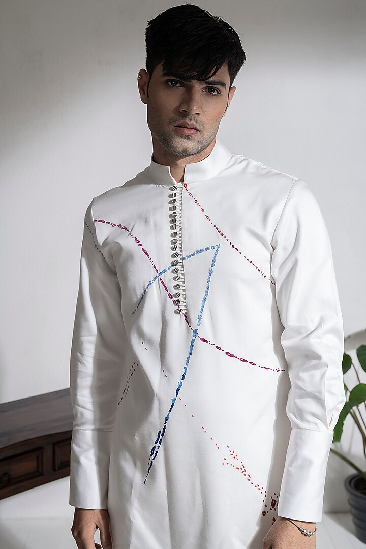 Ivory Cotton Modal Satin Embroidered Kurta Set by Abkasa at Pernia's Pop Up Shop