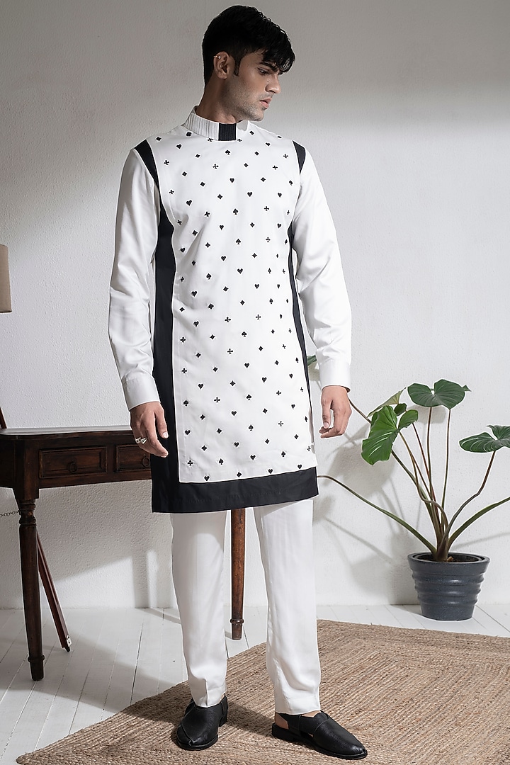 Ivory & Black Cotton Modal Satin Hand Embroidered Kurta Set by Abkasa at Pernia's Pop Up Shop
