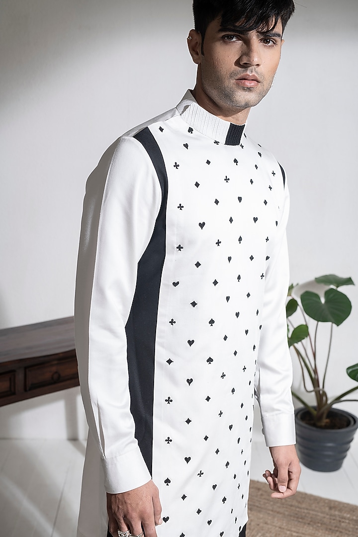 Ivory & Black Cotton Modal Satin Hand Embroidered Kurta Set by Abkasa at Pernia's Pop Up Shop