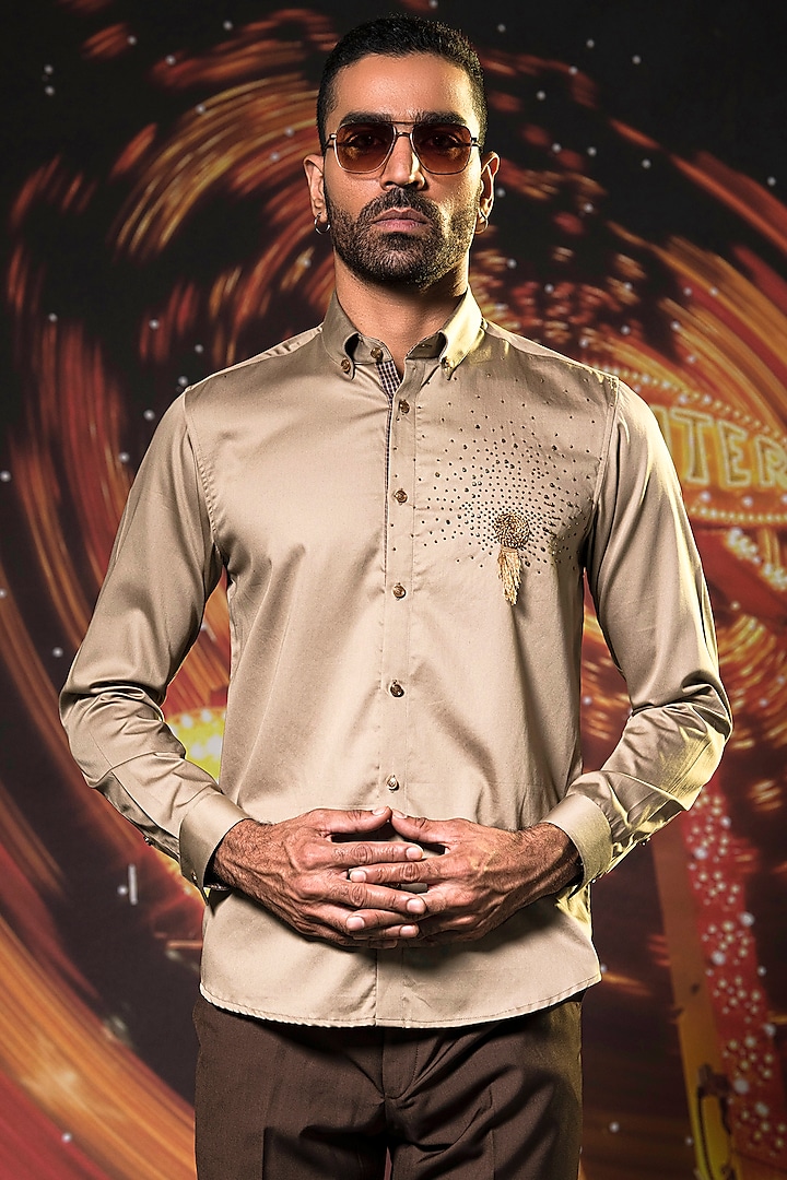 Brown Cotton Beads Embellished Shirt by Abkasa