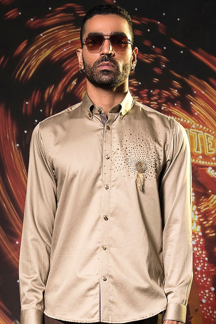 Brown Cotton Beads Embellished Party Wear Shirt by Abkasa at Pernia's Pop Up Shop
