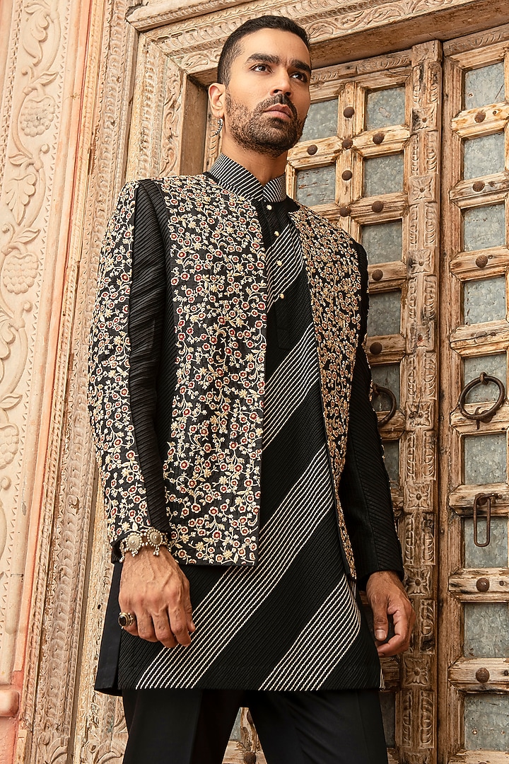 Black Silk Dupion Blend Embroidered Wedding Indowestern Set by Abkasa at Pernia's Pop Up Shop
