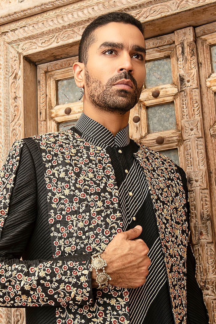 Black Silk Dupion Blend Embroidered Wedding Indowestern Set by Abkasa at Pernia's Pop Up Shop