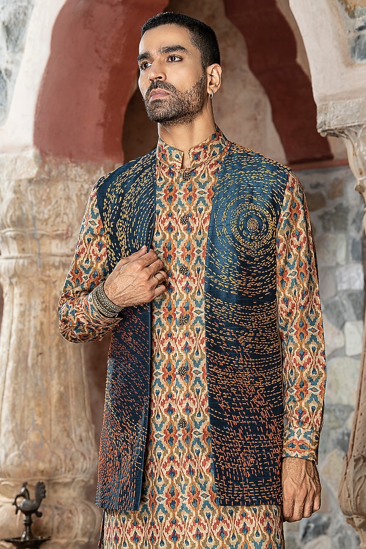 Teal Dupion Silk Wedding Indowestern Set by Abkasa at Pernia's Pop Up Shop