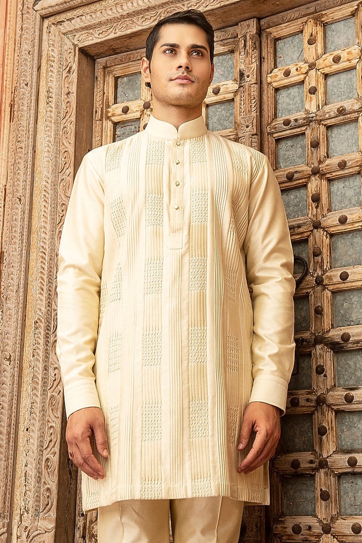 Beige Katan Silk Kurta Set by Abkasa at Pernia's Pop Up Shop