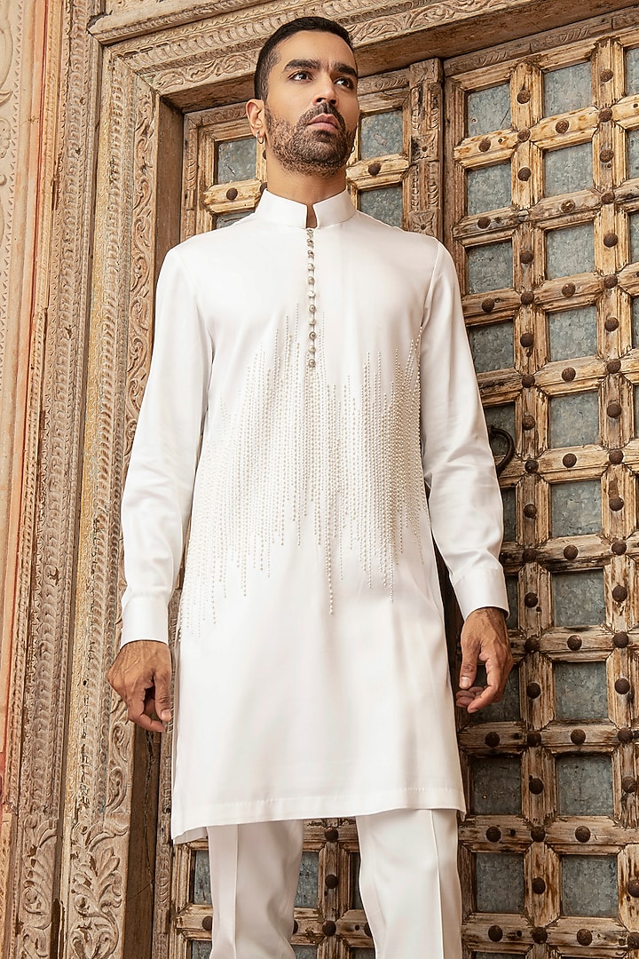 White Modal Satin Pearl Embroidered Kurta Set by Abkasa at Pernia's Pop Up Shop