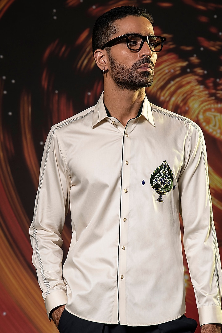 Beige Cotton Peacocok Embroidered Shirt by Abkasa