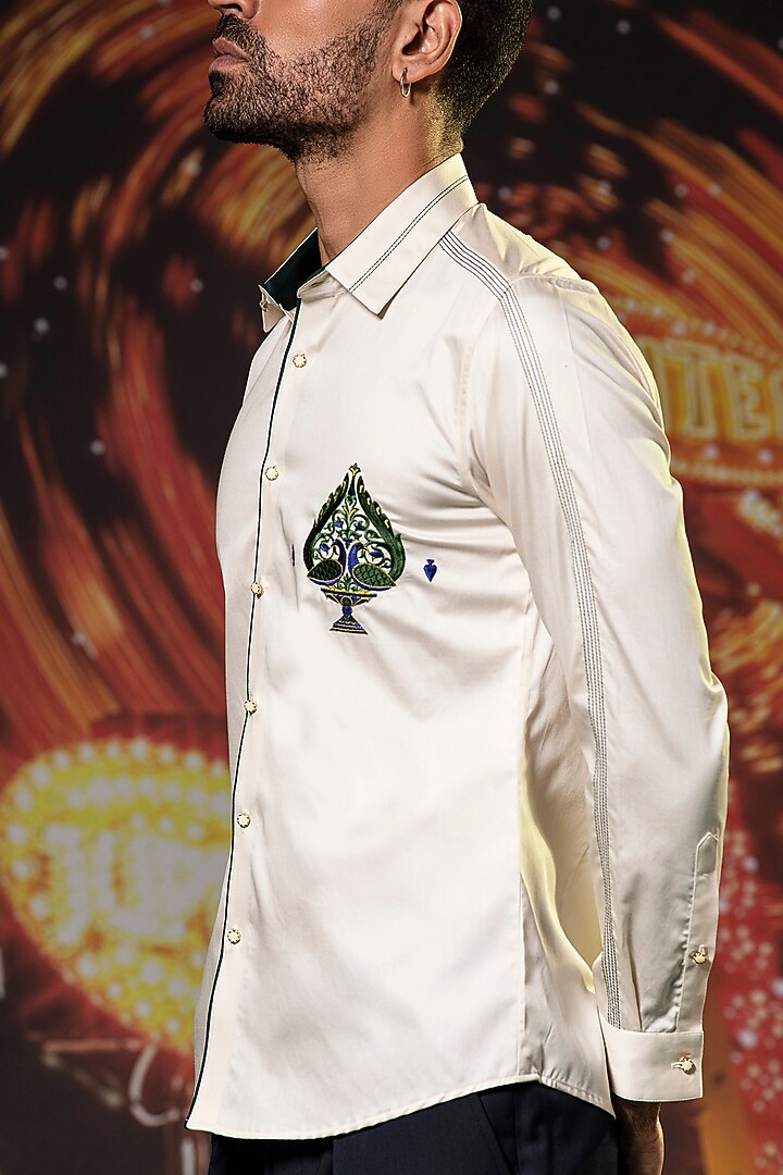 Beige Cotton Peacock Embroidered Party Wear Shirt by Abkasa at Pernia's Pop Up Shop