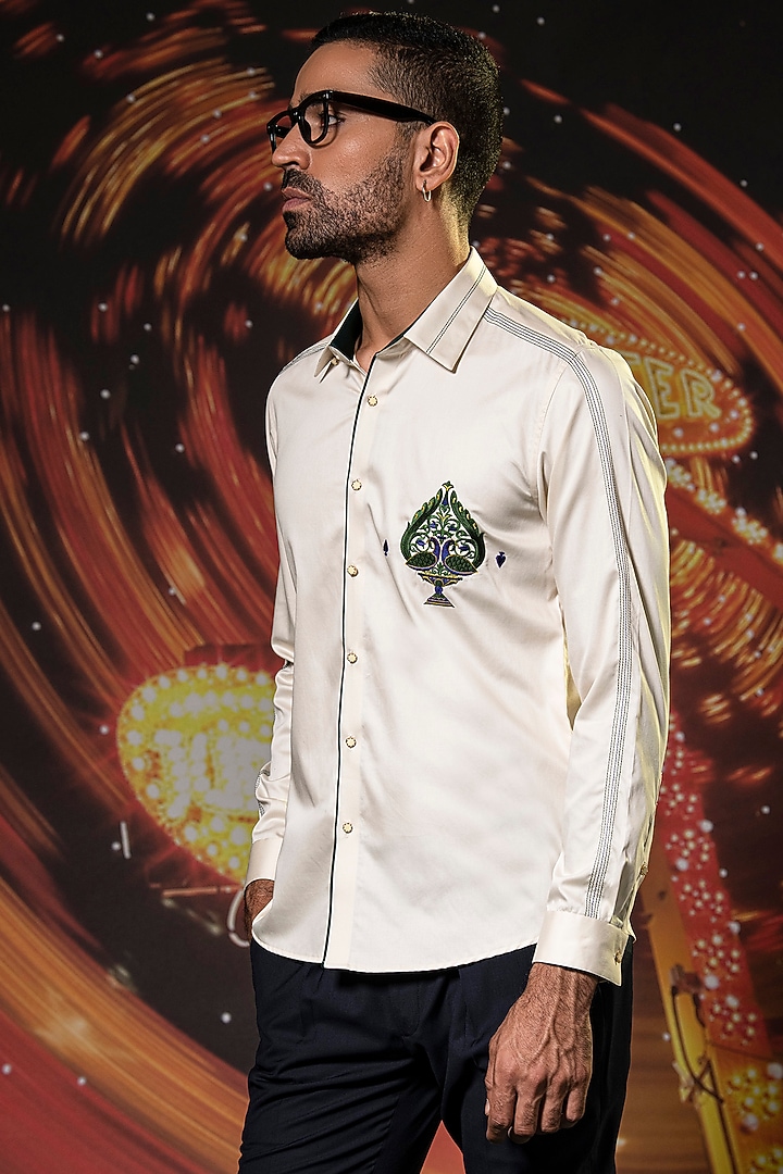 Beige Cotton Peacock Embroidered Party Wear Shirt by Abkasa at Pernia's Pop Up Shop