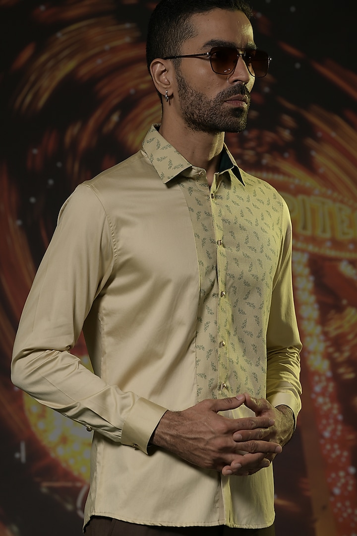 Beige Cotton Floral Printed Shirt by Abkasa