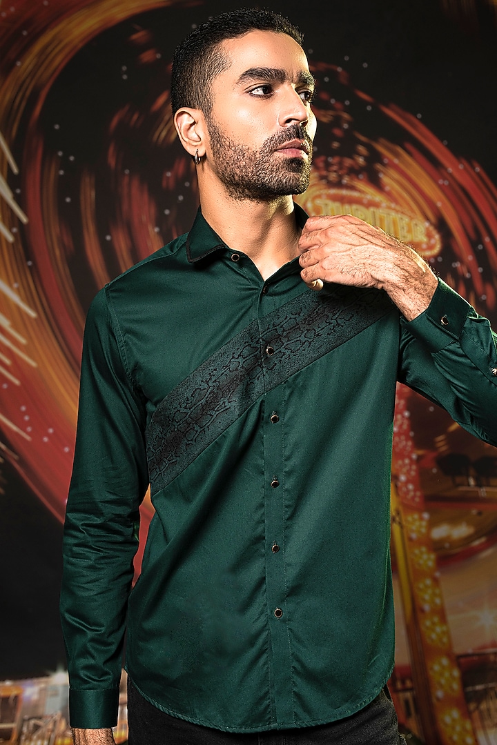 Green Cotton Snake Printed Party Wear Shirt by Abkasa at Pernia's Pop Up Shop