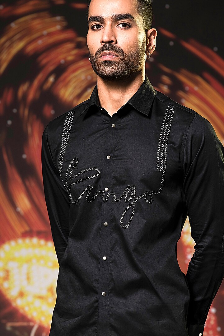 Black Cotton Lace Embroidered Summer Shirt by Abkasa at Pernia's Pop Up Shop