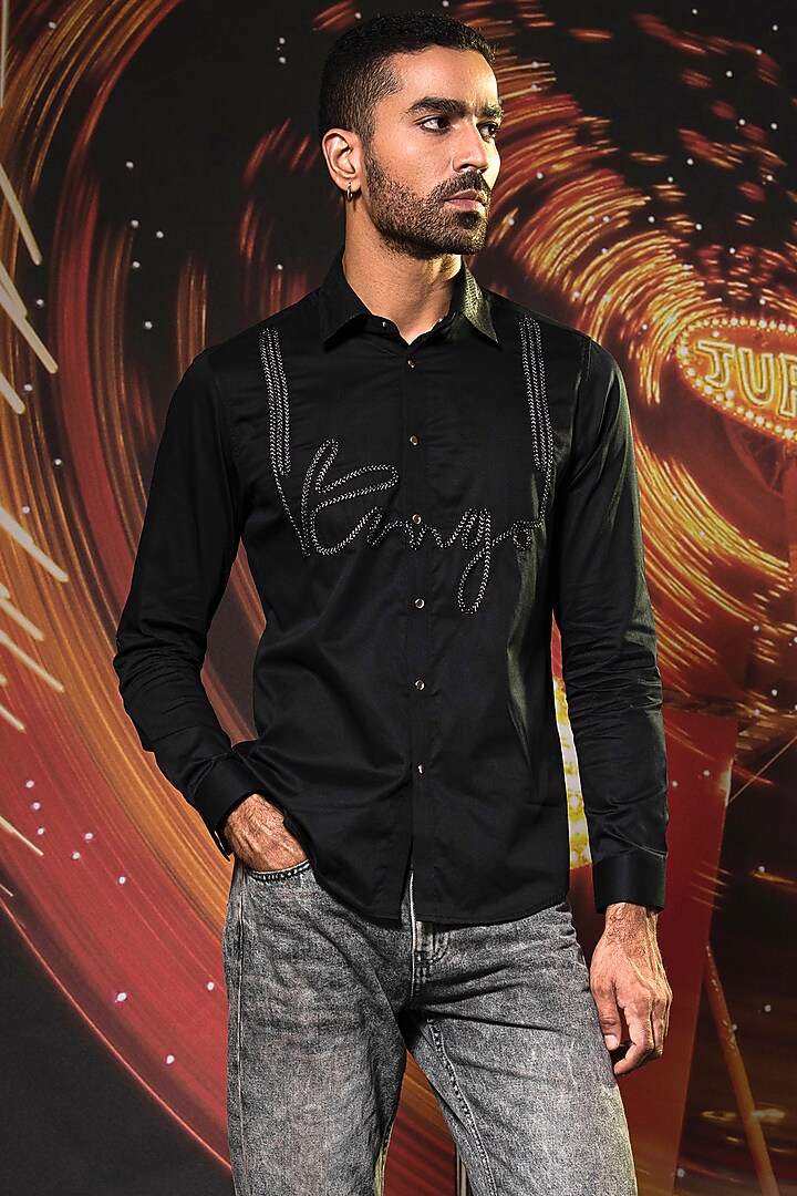 Black Cotton Lace Embroidered Summer Shirt by Abkasa at Pernia's Pop Up Shop