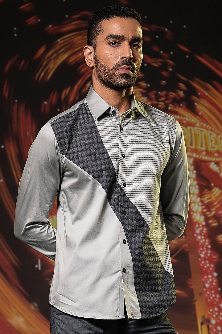 Grey Cotton Patchwork Party Wear Shirt by Abkasa at Pernia's Pop Up Shop