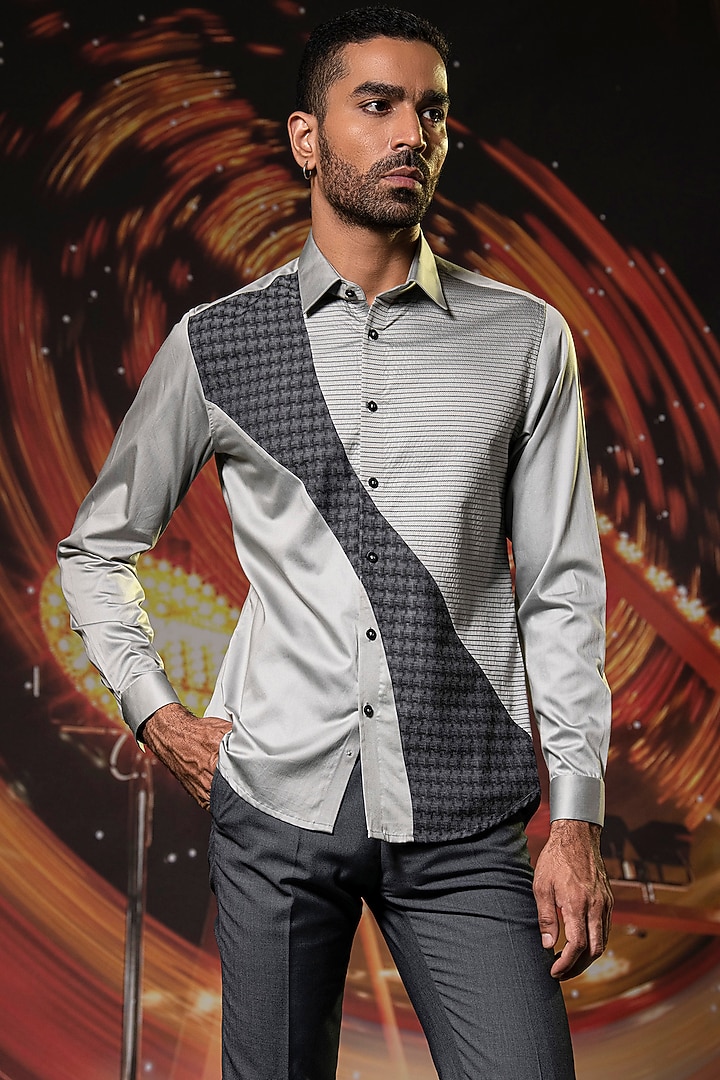 Grey Cotton Patchwork Party Wear Shirt by Abkasa at Pernia's Pop Up Shop
