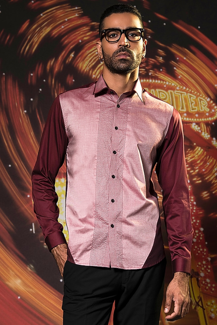 Pink & Maroon Cotton Embroidered Shirt by Abkasa