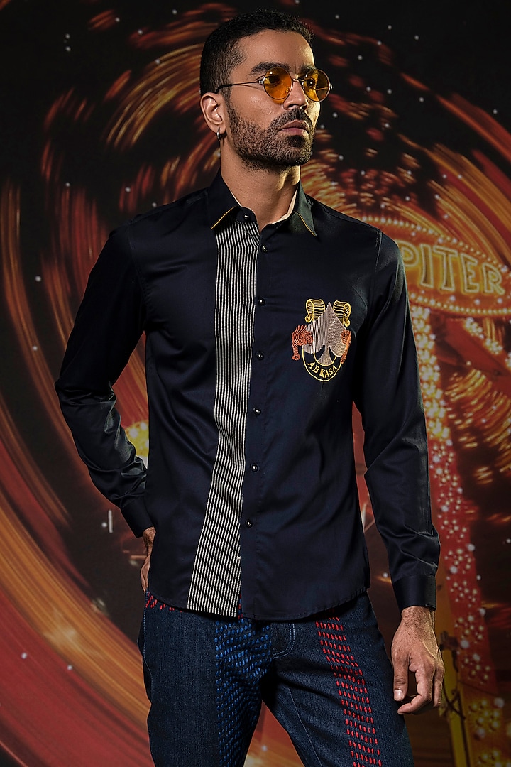 Navy Blue Cotton Embroidered Shirt by Abkasa