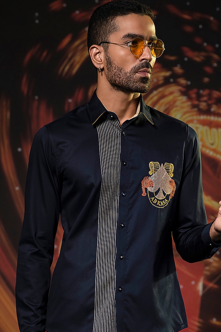 Navy Blue Cotton Embroidered Party Wear Shirt by Abkasa at Pernia's Pop Up Shop