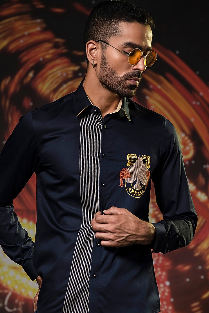Navy Blue Cotton Embroidered Party Wear Shirt by Abkasa at Pernia's Pop Up Shop