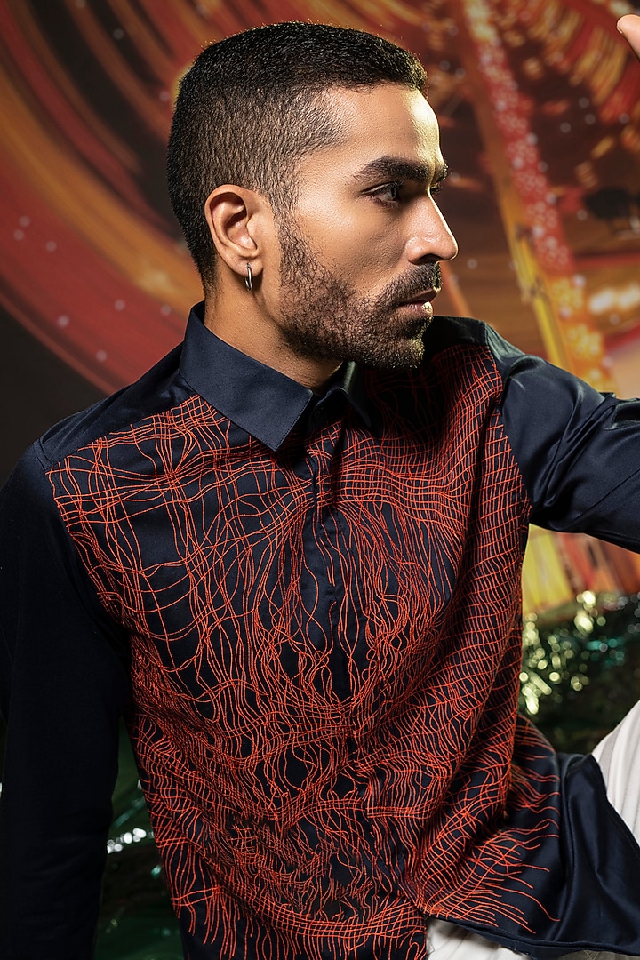 Deep Navy Cotton Embroidered Party Wear Shirt by Abkasa at Pernia's Pop Up Shop